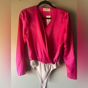 Hot pink satin v neck body suit